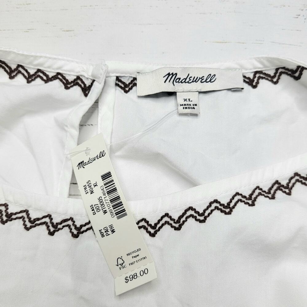 Madewell Embroidered Poplin Balloon Sleeve Top White Crewneck Cotton Zig Zag XL - Picture 9 of 10